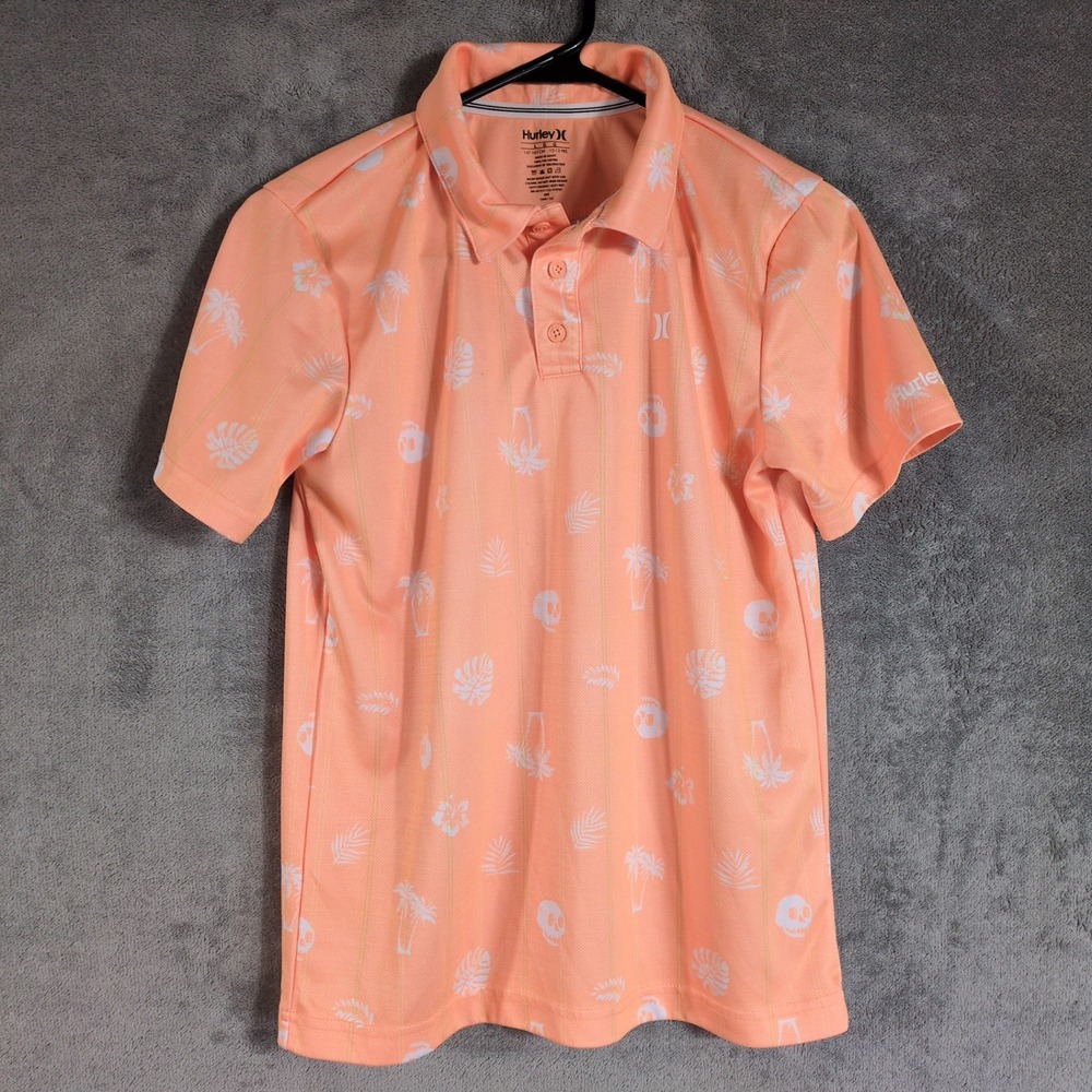 Hurley Kids H2O-Dri Tropical Skull Print Polo Shirt‎ Peach Orange Large L 12-13Y
